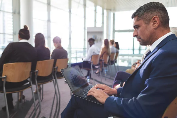 Side View Mixed Race Businessman Using Laptop Business Seminar Office — Stock Photo, Image