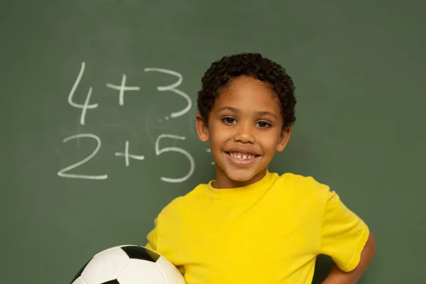 Front View Happy Smiling Mixed Race Schoolboy Football Looking Camera — Stock Photo, Image