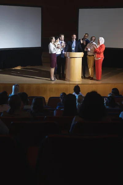 Front View Mixed Race Business Clapping Hand Colleague Success Auditorium — Stock Photo, Image