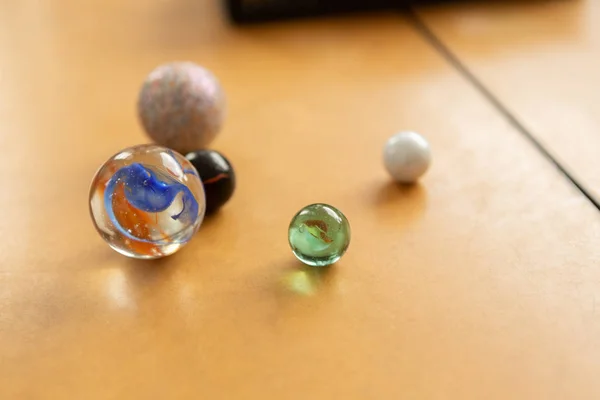 Close Beautiful Marbles Wooden Desk Classroom School — Stock Photo, Image