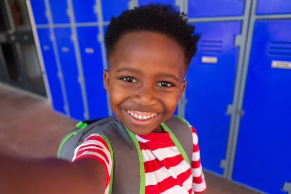 Front View Happy African American Schoolboy Standing Corridor School — Stock Photo, Image