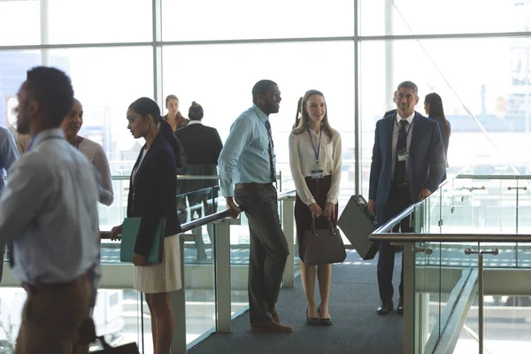Front View Smiling Diverse Business Executives Interacting Each Other Office — Stock Photo, Image