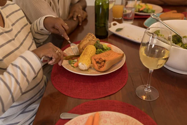 Mid Section Senior African American Couple Having Meal Glass White — Stock Photo, Image