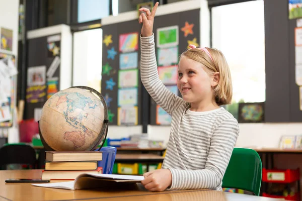 Side View Caucasian Schoolgirl Raising Her Hand Desk Classroom School — Stock Photo, Image