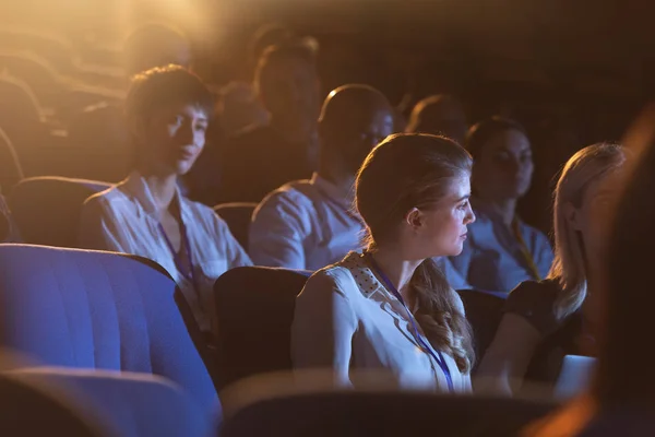 Side View Mixed Race Business Colleague Sitting Listening Presentation Audience — Stock Photo, Image