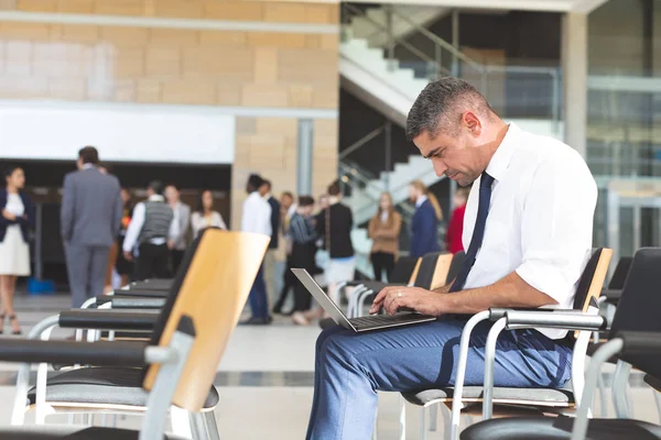 Side View Caucasian Businessman Sitting Chair Using Laptop Conference Room — Stock Photo, Image