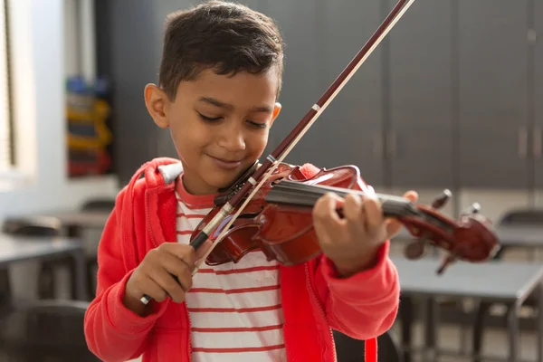 Front View Smiling Mixed Race Schoolboy Eyes Closed Playing Violin — Stock Photo, Image