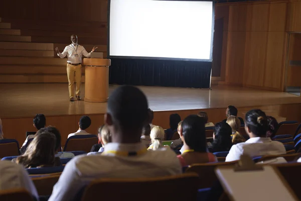 Framifrån Mognat Afro Amerikansk Affärsman Står Och Ger Presentation Auditorium — Stockfoto