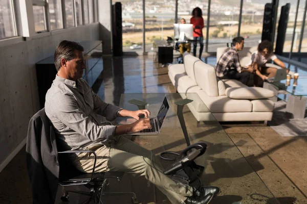 Zijaanzicht Van Mannelijke Uitvoerend Bezig Met Laptop Moderne Kantoor Met — Stockfoto