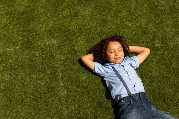 High Angle View Mixed Race Schoolboy Relaxing School Playground Sunny — Stock Photo, Image