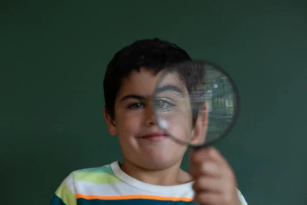 Front View Caucasian Schoolboy Looking Magnifying Glass While Standing Front — Stock Photo, Image