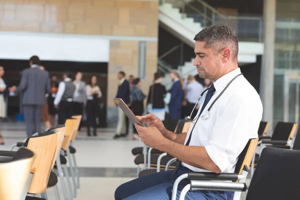 Side View Handsome Middle Aged Caucasian Businessman Sitting Chair Using — Stock Photo, Image