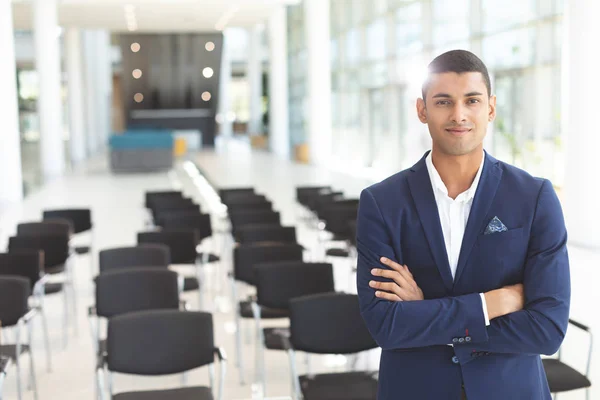 Front View Handsome Young Mixed Race Businessman Arms Crossed Looking — Stock Photo, Image