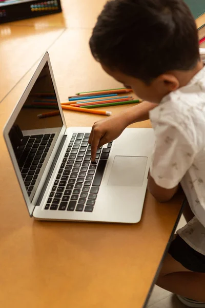 Magas Szög Kilátás Koncentrált Vegyes Verseny Iskolás Használ Laptop Asztalnál — Stock Fotó