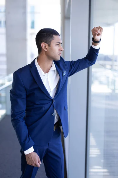 Side View Thoughtful Young Mixed Race Businessman Looking Window Modern — Stock Photo, Image
