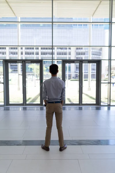 Achteraanzicht Van Jonge Aziatische Mannelijke Uitvoerende Staande Moderne Kantoren — Stockfoto