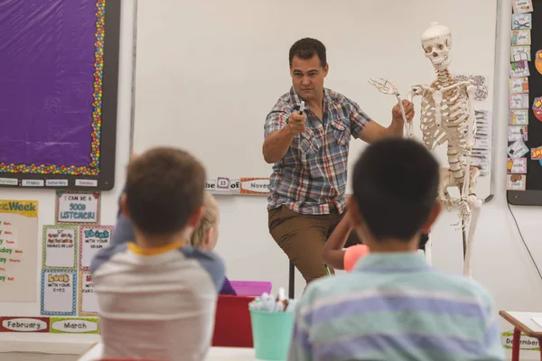 Vista Frontal Profesor Explicando Sobre Esqueleto Humano Aula Escuela Con —  Fotos de Stock