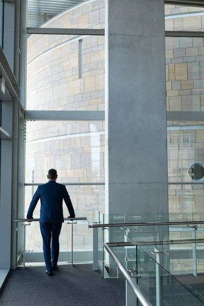 Achteraanzicht Van Zakenman Permanent Eerste Verdieping Van Office Leunde Reling — Stockfoto