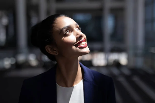 Close Happy Young Mixed Race Businesswoman Looking Standing Modern Office — Stock Photo, Image