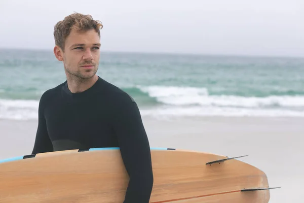 Front View Handsome Young Caucasian Male Surfer Holding Surfboard Beach — Stock Photo, Image