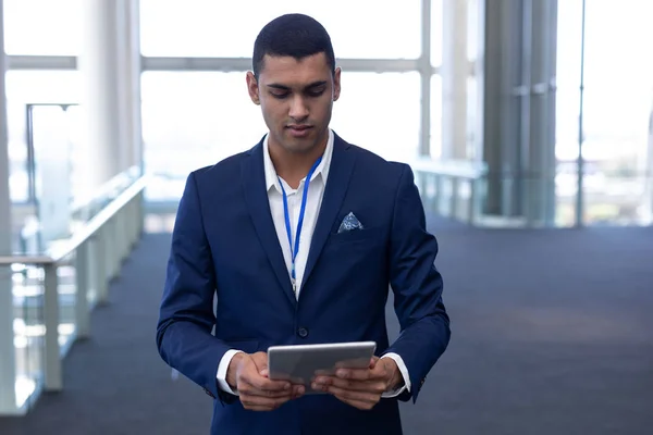 Front View Smart Young Mixed Race Businessman Using Digital Tablet — Stock Photo, Image