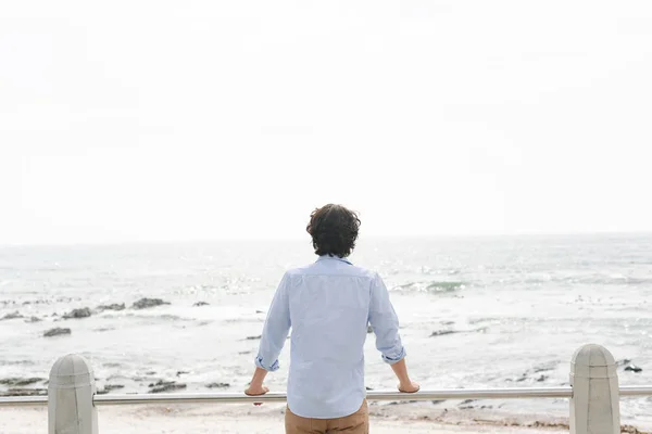 Rear View Young Caucasian Man Standing Sea Side Promenade Sunny — Stock Photo, Image