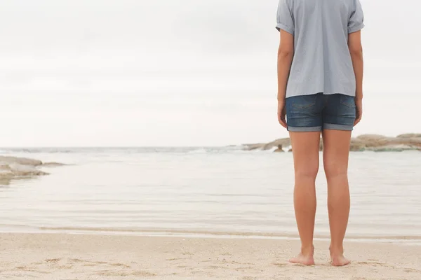 Low Section Woman Standing Beach Sand She Looking Sea — Stock Photo, Image