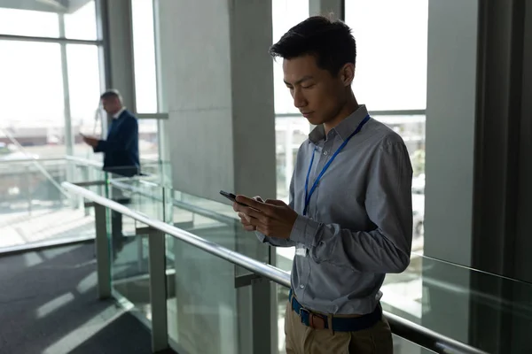 Side View Asian Focus Businessman Using His Mobile Phone First — Stock Photo, Image