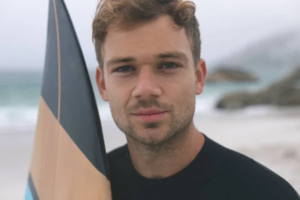 Portrait Handsome Young Caucasian Male Surfer Holding Surfboard Beach Looking — Stock Photo, Image