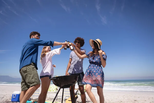 친구의 그룹의 배경에서 파도에 주위에 햇빛에 해변에서 토스트 — 스톡 사진