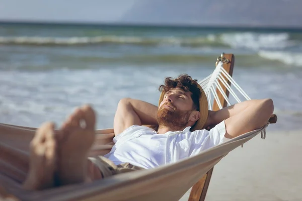 Front View Handsome Young Caucasian Man Relaxing Hammock Beach Sunny — Stock Photo, Image