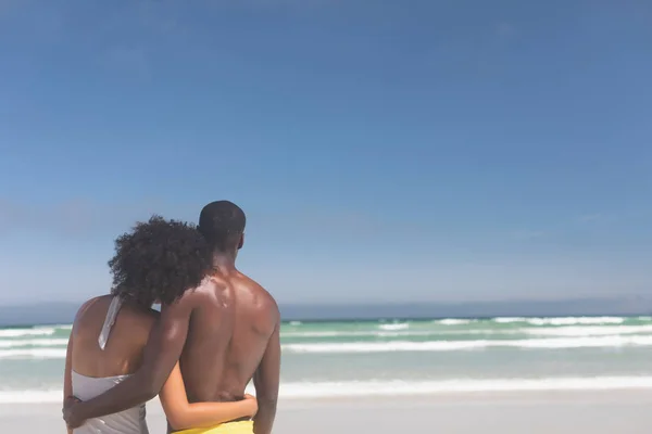 Rear View Cute Multi Ethnic Couple Relaxing Beach Sunny Day — Stock Photo, Image