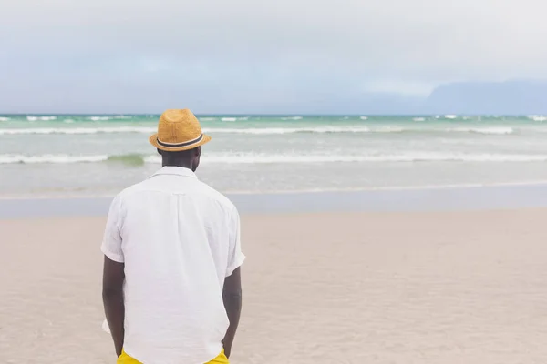 Vista Posteriore Del Premuroso Uomo Afroamericano Piedi Sulla Spiaggia Una — Foto Stock