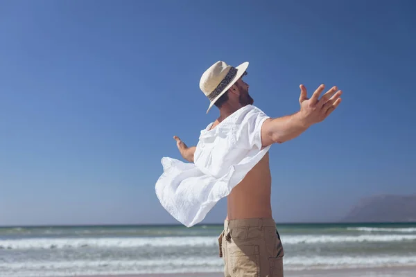Side View Happy Young Caucasian Man Standing Open Arm Beach — Stock Photo, Image