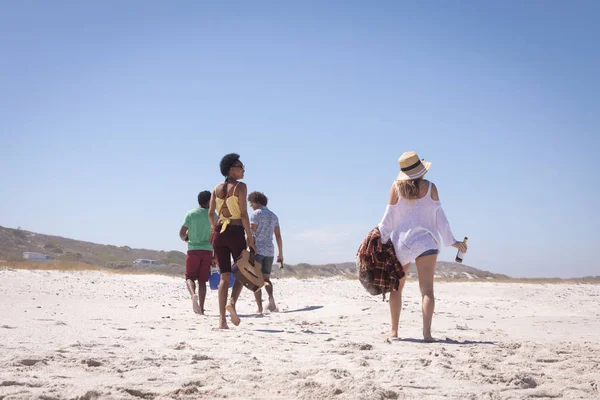 太陽の下でビーチを歩いている間に氷の箱とビールの瓶を運んでいる多民族の友人のグループの背面図 — ストック写真