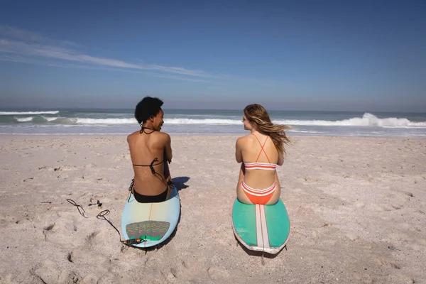 在阳光下 年轻的多族裔妇女坐在海边的冲浪板上的后景 — 图库照片