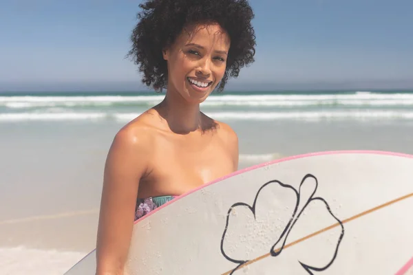 Portrait Mixed Race Female Surfer Surfboard Walking Beach Sunny Day — Stock Photo, Image