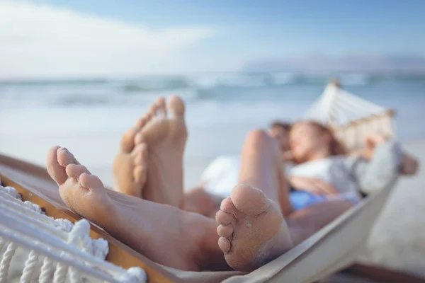 Close Relaxed Caucasian Couple Feet While Sleeping Hammock Beach Sunny — Stock Photo, Image