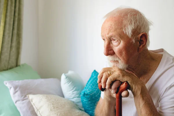 Side View Senior Caucasian Male Patient Sitting Upset Bed Stick — Stock Photo, Image