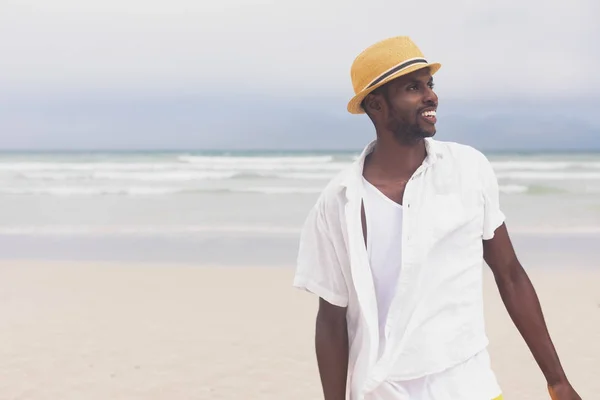 Front View Happy African American Man Standing Beach Sunny Day — Stock Photo, Image