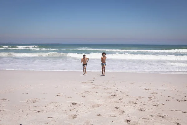 Front View Shirtless Young Multi Ethnic Men Running Beach Sunshine — Stock Photo, Image