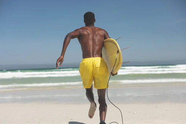 Rear View African American Male Surfer Surfboard Running Sea Water — Stock Photo, Image