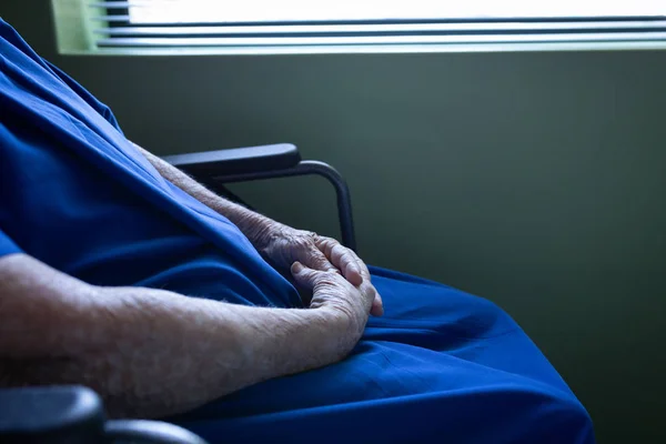 Mid Section Female Patient Sitting Wheelchair Hand Clasped — Stock Photo, Image