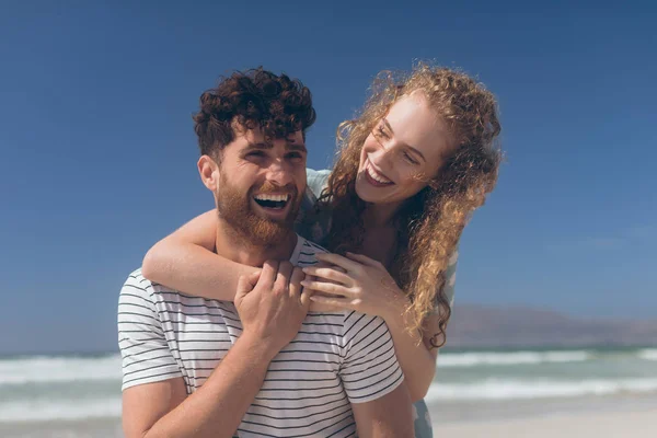 Front View Romantic Caucasian Couple Interacting Each Other Beach Sunny — Stock Photo, Image