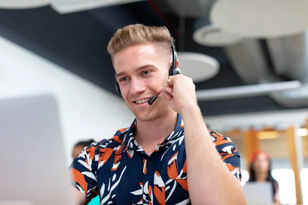 Front View Happy Caucasian Male Customer Service Executive Talking Headset — Stock Photo, Image