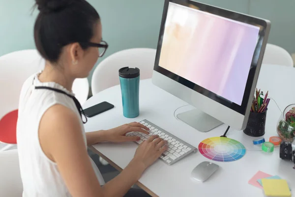 High Angle View Asian Female Graphic Designer Working Computer Desk — Stock Photo, Image