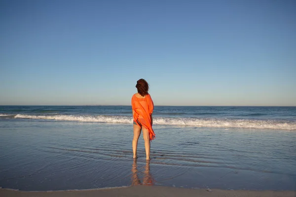 Vue Arrière Une Femme Métisse Debout Sur Plage Soleil — Photo