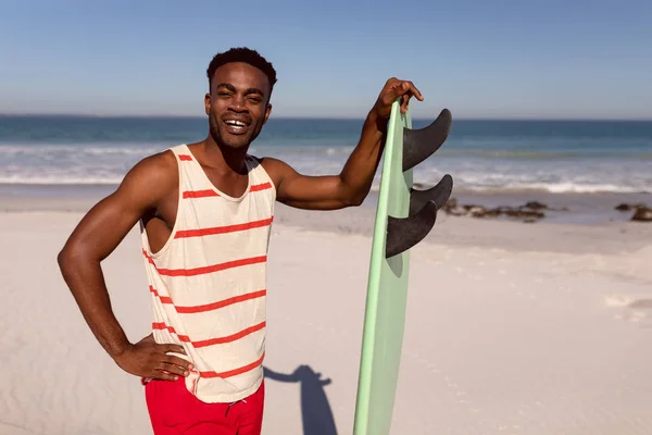 Front View Happy Young African American Man Standing Surfboard Beach — Stock Fotó