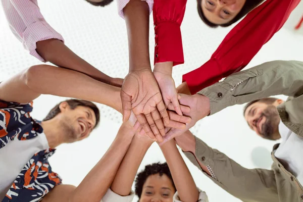 Low Angle View Diverse Business People Forming Hand Stack Modern — Stock Photo, Image