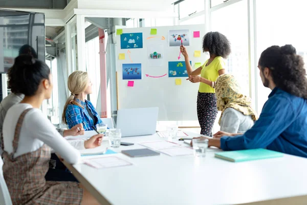 Vooraanzicht Van Afro Amerikaanse Zakenvrouw Die Presentatie Flip Chart Geeft — Stockfoto